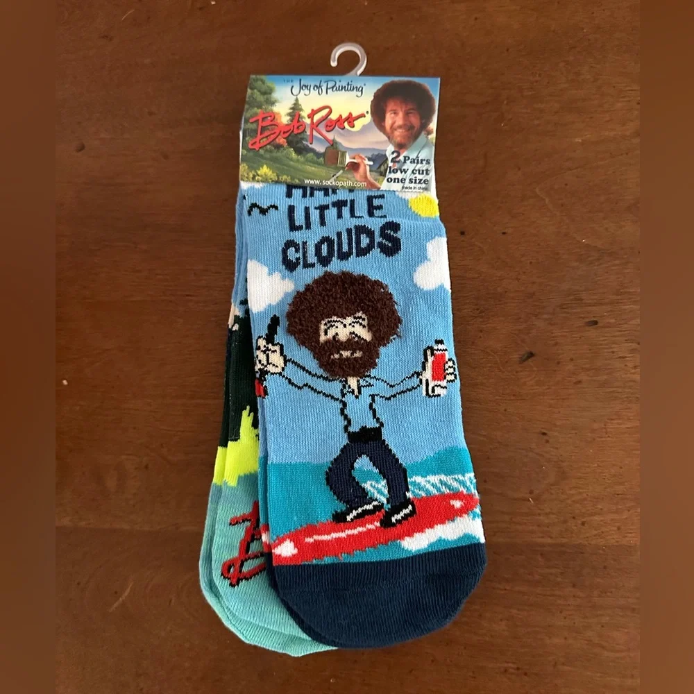 2 pairs Women or Men Bob Ross Happy Little Clouds Low Cut Socks